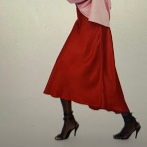 ZARA Red Satin Midi Skirt